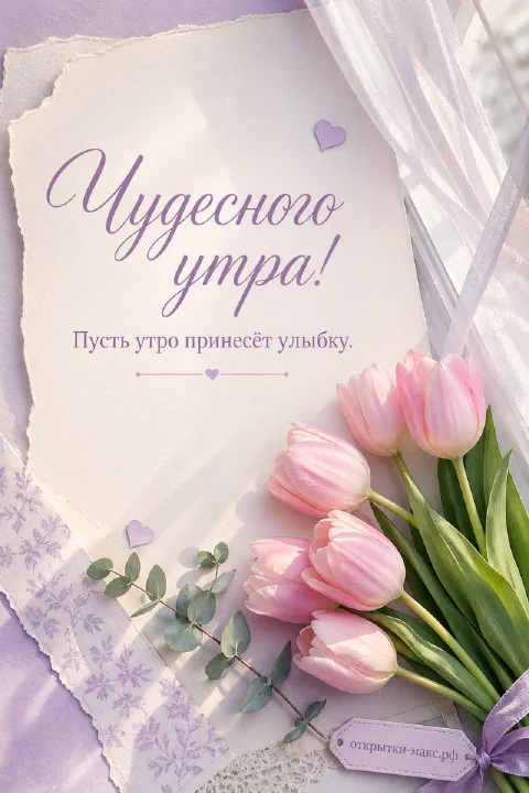 Букет нежных тюльпанов в вазе на светлом фоне, надпись «Чудесного утра»