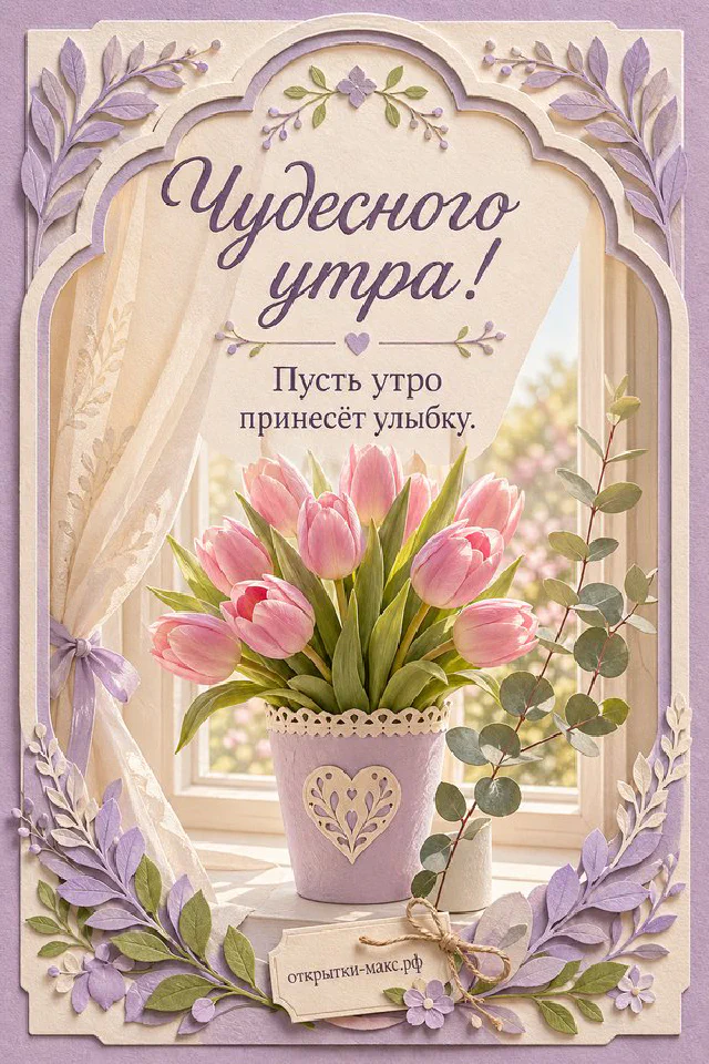 Букет нежных тюльпанов в вазе на светлом фоне, надпись «Чудесного утра» — вариант 3