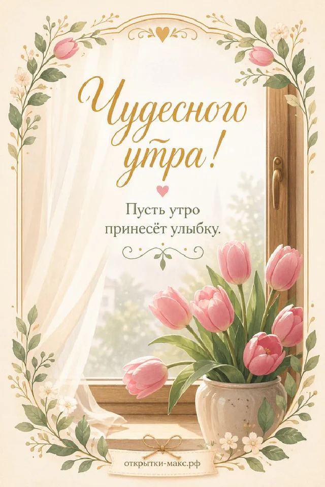 Букет нежных тюльпанов в вазе на светлом фоне, надпись «Чудесного утра» — вариант 7