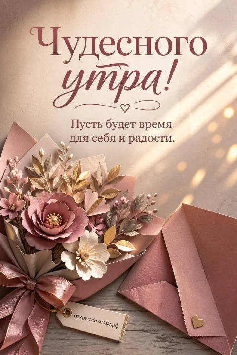 Пышный букет розовых и кремовых цветов с золотыми листьями и розовым конвертом, надпись «Чудесного утра»