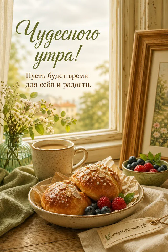 Пышный букет розовых и кремовых цветов с золотыми листьями и розовым конвертом, надпись «Чудесного утра» — вариант 2