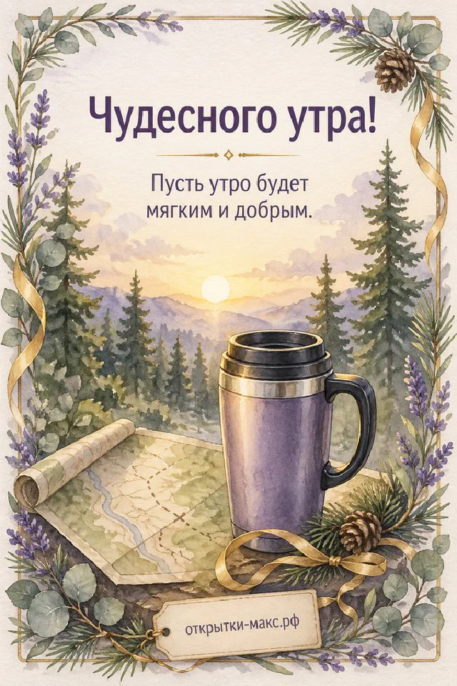 Фарфоровая чашка с чаем в золотой рамке из белых роз с надписью «Чудесного утра, пусть утро будет мягким и добрым» — вариант 2