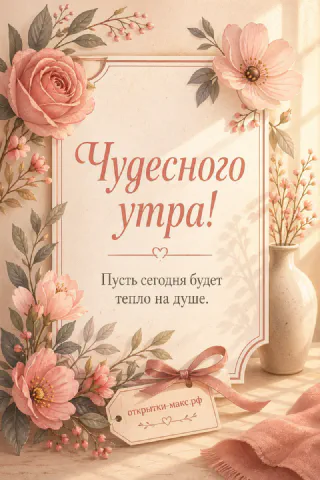 Акварельная открытка с розами и ромашками в цветочной рамке, надпись «Чудесного утра, пусть сегодня будет тепло на душе»