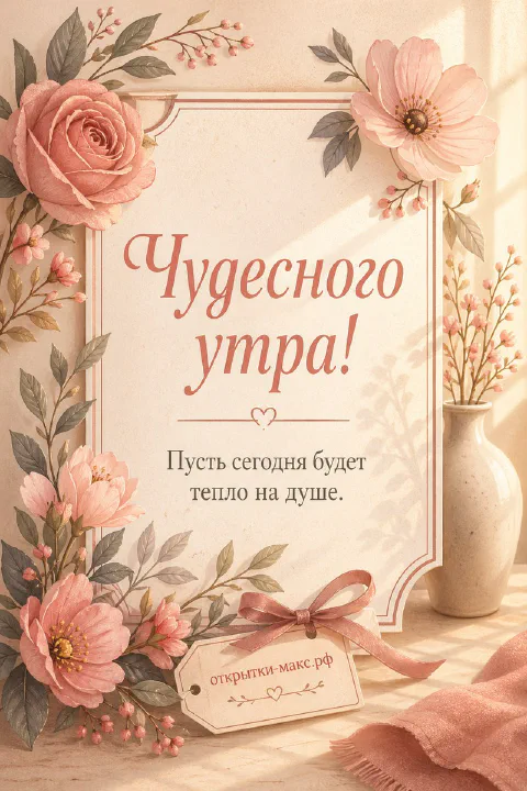 Акварельная открытка с розами и ромашками в цветочной рамке, надпись «Чудесного утра, пусть сегодня будет тепло на душе»