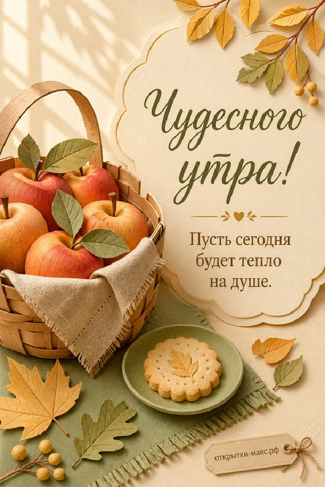 Акварельная открытка с розами и ромашками в цветочной рамке, надпись «Чудесного утра, пусть сегодня будет тепло на душе» — вариант 2