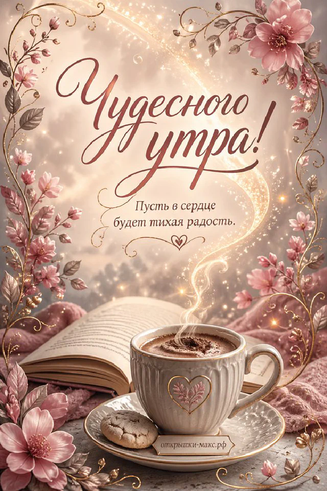 Мультяшный щенок у корзины с булочками на фоне голубых ромашек с надписью «Чудесного утра, пусть в сердце будет тихая радость» — вариант 2