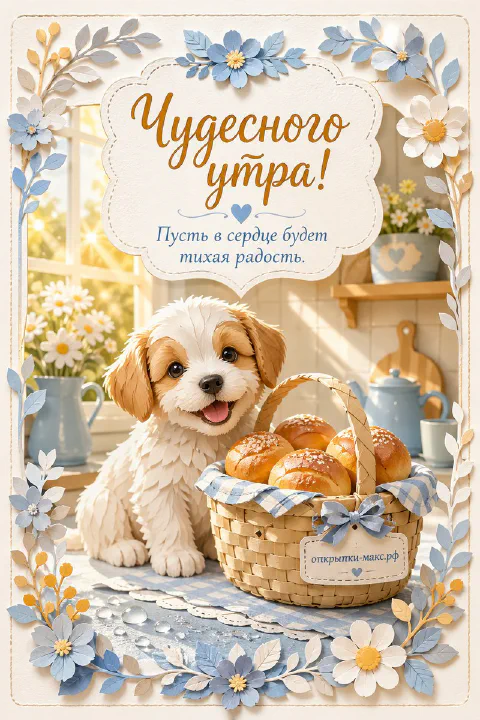 Мультяшный щенок у корзины с булочками на фоне голубых ромашек с надписью «Чудесного утра, пусть в сердце будет тихая радость»