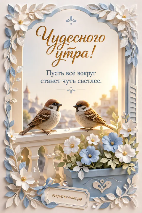 Два воробья на белой балюстраде среди голубых и белых цветов с надписью «Чудесного утра, пусть всё вокруг станет чуть светлее»