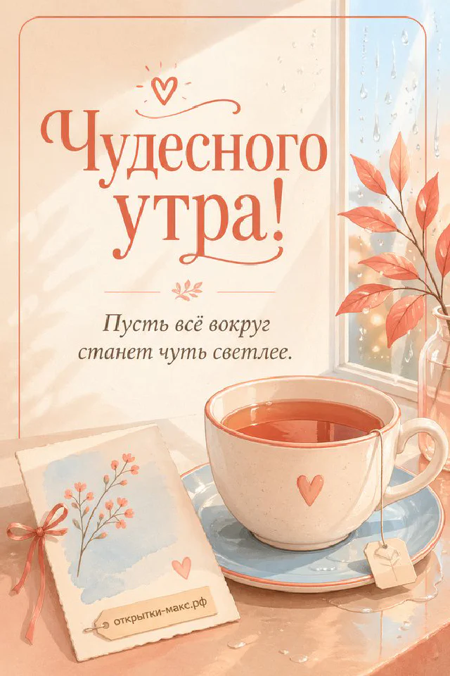 Два воробья на белой балюстраде среди голубых и белых цветов с надписью «Чудесного утра, пусть всё вокруг станет чуть светлее» — вариант 2