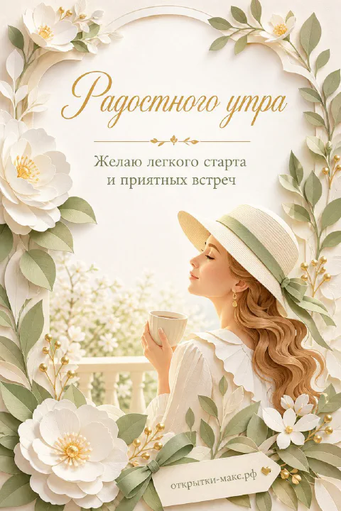 Молодая женщина в соломенной шляпке с чашкой кофе в арке из белых цветов и зелени