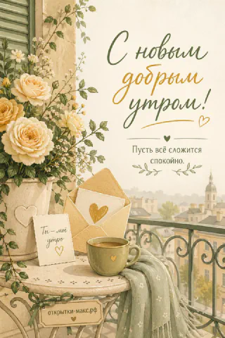 Балкон с жёлтыми розами, чашкой чая и конвертом с сердечком, надпись «С новым добрым утром»