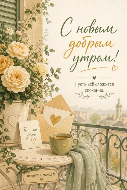 Балкон с жёлтыми розами, чашкой чая и конвертом с сердечком, надпись «С новым добрым утром»