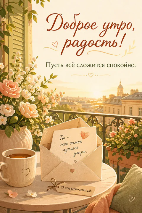 Балкон с розами и зеленью, столик с чашкой кофе и конвертом с запиской «Ты — моё самое лучшее утро»