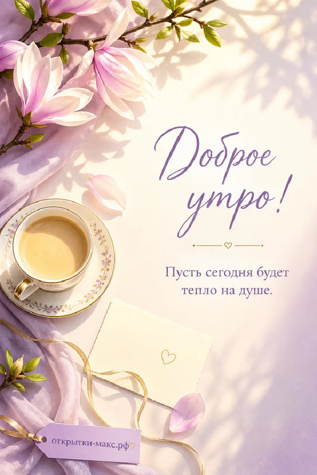 Акварельная открытка «Доброе утро» со стопкой блинов, малиной, черникой и букетиком в кувшине — вариант 2