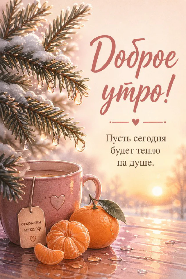 Акварельная открытка «Доброе утро» со стопкой блинов, малиной, черникой и букетиком в кувшине — вариант 3