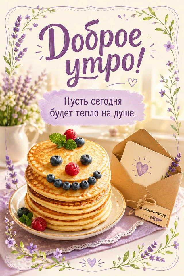 Акварельная открытка «Доброе утро» со стопкой блинов, малиной, черникой и букетиком в кувшине — вариант 7