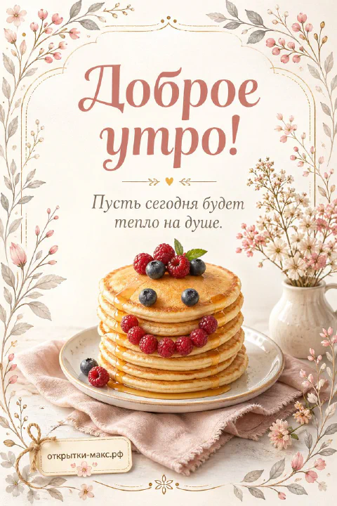 Акварельная открытка «Доброе утро» со стопкой блинов, малиной, черникой и букетиком в кувшине