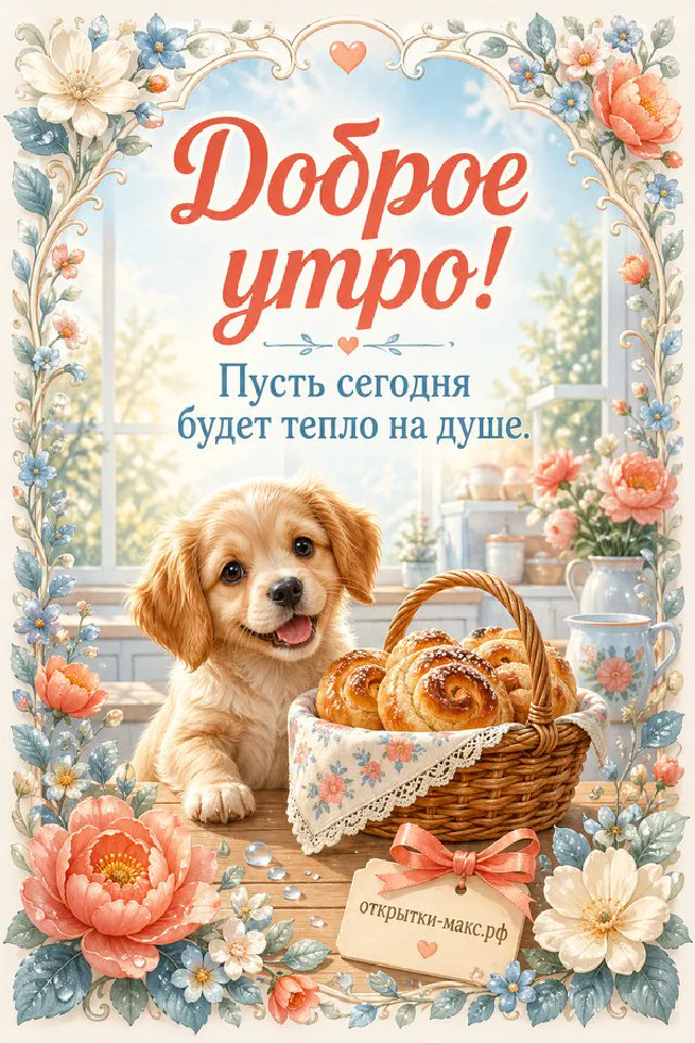 Акварельная открытка «Доброе утро» со стопкой блинов, малиной, черникой и букетиком в кувшине — вариант 4