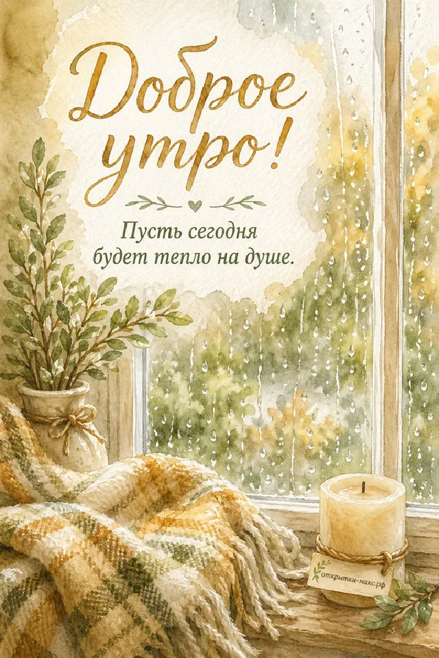 Акварельная открытка «Доброе утро» со стопкой блинов, малиной, черникой и букетиком в кувшине — вариант 6