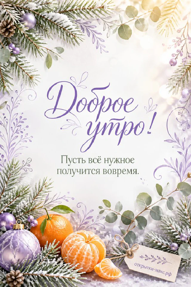 Открытка «Доброе утро» с голубым будильником в коралловой кружке с сердечком и вазой с цветами в пастельных тонах — вариант 4