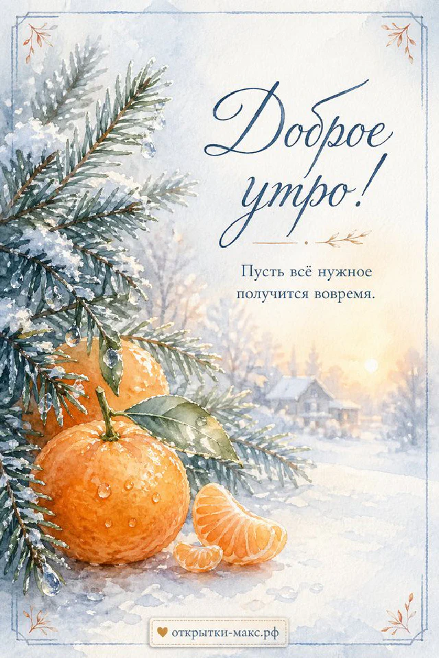 Открытка «Доброе утро» с голубым будильником в коралловой кружке с сердечком и вазой с цветами в пастельных тонах — вариант 5