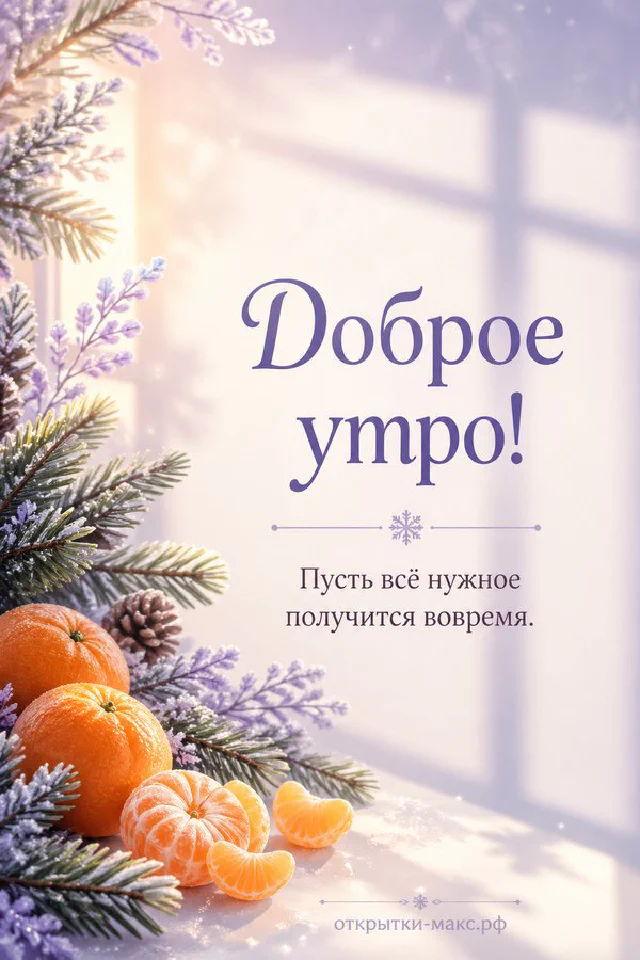 Открытка «Доброе утро» с голубым будильником в коралловой кружке с сердечком и вазой с цветами в пастельных тонах — вариант 2