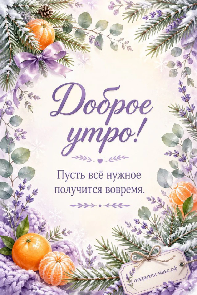 Открытка «Доброе утро» с голубым будильником в коралловой кружке с сердечком и вазой с цветами в пастельных тонах — вариант 3