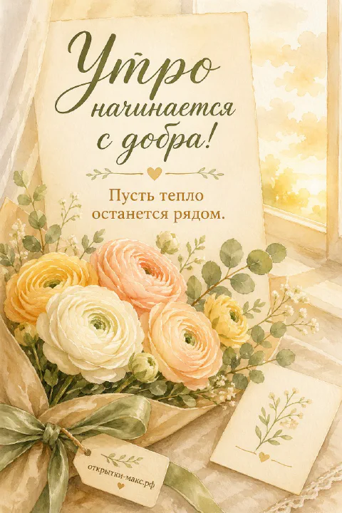 Акварельный букет персиковых и белых ранункулюсов с надписью «Утро начинается с добра» у окна с конвертом