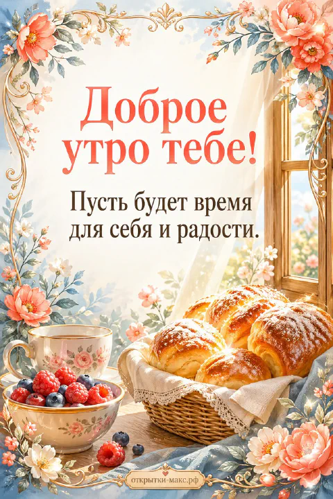 Золотистые домашние булочки в корзинке, свежие малина и черника рядом с фарфоровой чашкой у окна с цветами