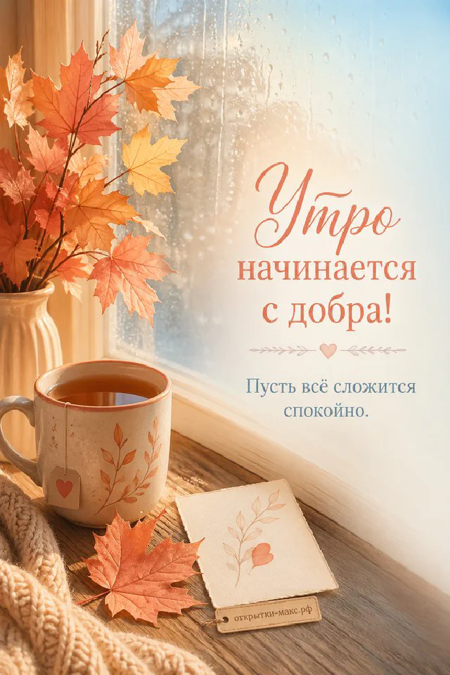 Чашка чая на подоконнике рядом с кленовыми листьями и вязаным шарфом, за окном — осенний дождь — вариант 2