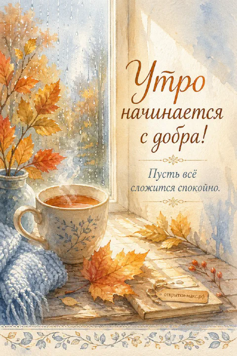 Чашка чая на подоконнике рядом с кленовыми листьями и вязаным шарфом, за окном — осенний дождь