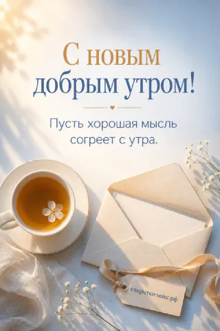 Белая чашка чая и конверт на светлом фоне с надписью «С новым добрым утром»