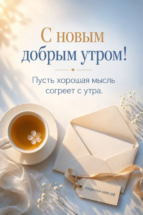 Белая чашка чая и конверт на светлом фоне с надписью «С новым добрым утром»