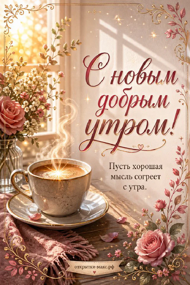 Белая чашка чая и конверт на светлом фоне с надписью «С новым добрым утром» — вариант 2