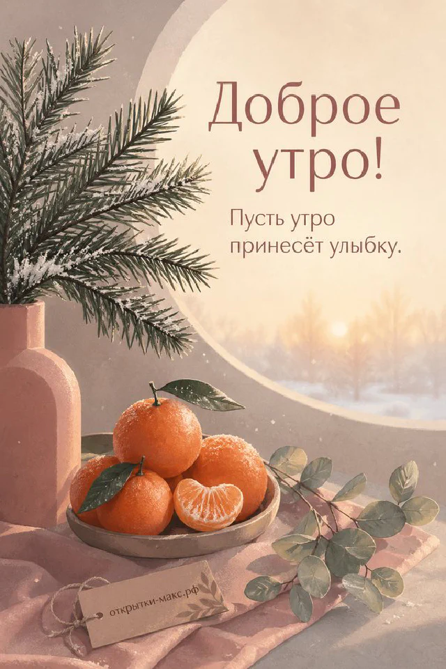 Белая чашка чая, ветка белой сирени и записочка с голубой лентой — открытка Доброе утро — вариант 2