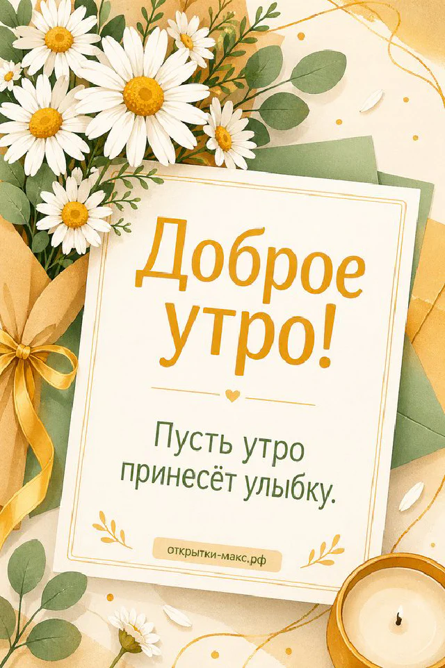 Белая чашка чая, ветка белой сирени и записочка с голубой лентой — открытка Доброе утро — вариант 4