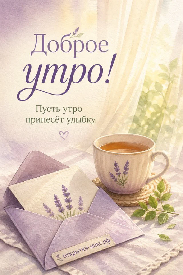 Белая чашка чая, ветка белой сирени и записочка с голубой лентой — открытка Доброе утро — вариант 5