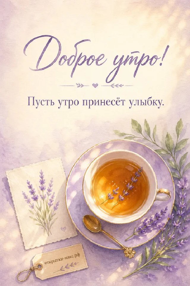 Белая чашка чая, ветка белой сирени и записочка с голубой лентой — открытка Доброе утро — вариант 7