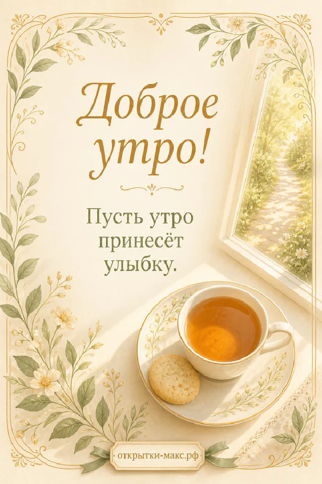 Белая чашка чая, ветка белой сирени и записочка с голубой лентой — открытка Доброе утро — вариант 8