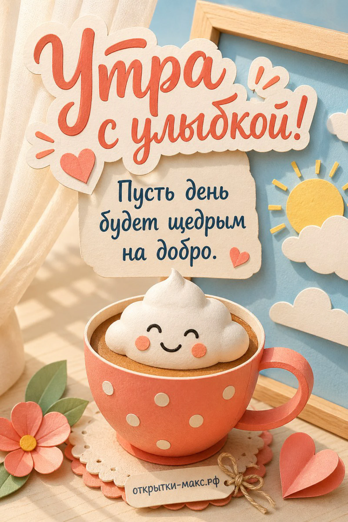 Оранжевая чашка какао в горошек с молочной пенкой в виде улыбающейся мордашки, рядом бумажное солнце и облака на голубом фоне