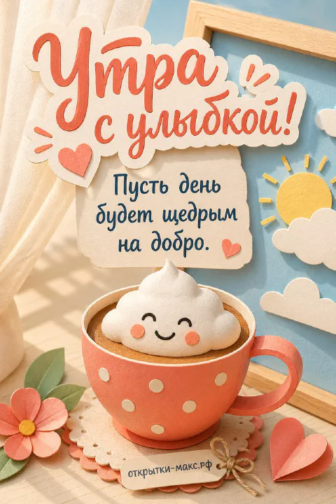Оранжевая чашка какао в горошек с молочной пенкой в виде улыбающейся мордашки, рядом бумажное солнце и облака на голубом фоне