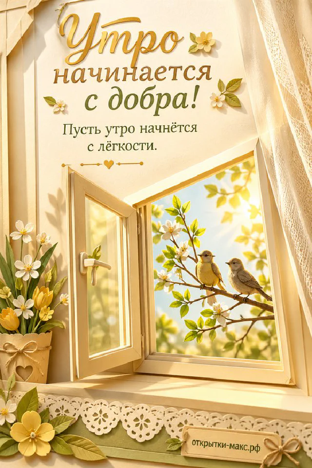Фарфоровая чашка с чаем и розовые магнолии с надписью «Утро начинается с добра, пусть утро начнётся с лёгкости» — вариант 2