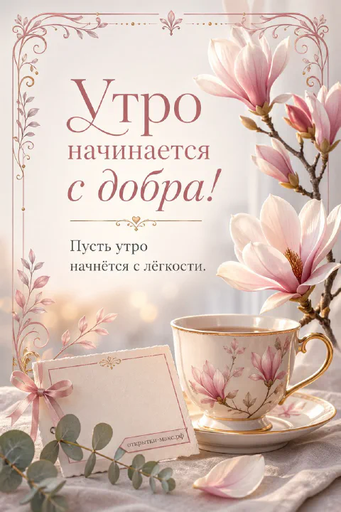Фарфоровая чашка с чаем и розовые магнолии с надписью «Утро начинается с добра, пусть утро начнётся с лёгкости»