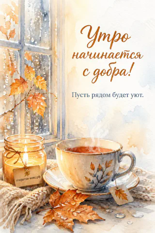 Чашка горячего чая и горящая свеча у окна с осенними листьями, надпись «Утро начинается с добра»