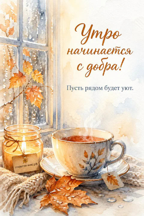 Чашка горячего чая и горящая свеча у окна с осенними листьями, надпись «Утро начинается с добра»