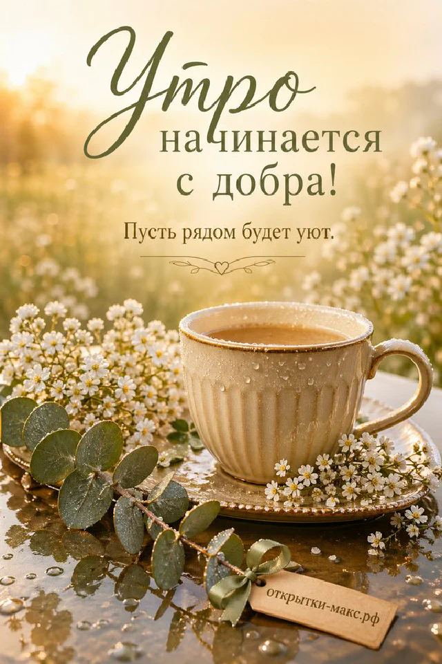 Чашка горячего чая и горящая свеча у окна с осенними листьями, надпись «Утро начинается с добра» — вариант 2