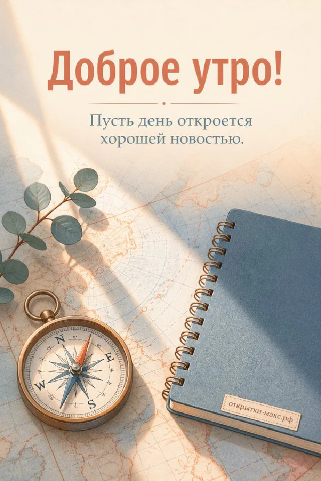 Фарфоровая чашка чая на голубой салфетке и ветка магнолии с белым цветком, надпись «Доброе утро!» — вариант 2