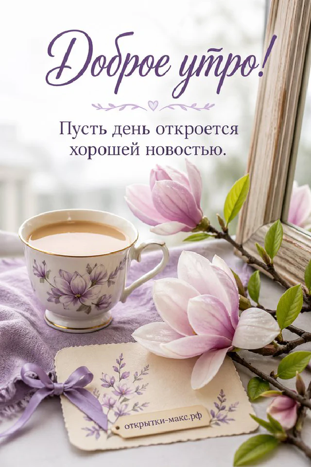 Фарфоровая чашка чая на голубой салфетке и ветка магнолии с белым цветком, надпись «Доброе утро!» — вариант 3