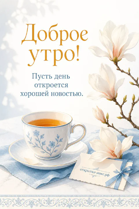 Фарфоровая чашка чая на голубой салфетке и ветка магнолии с белым цветком, надпись «Доброе утро!»