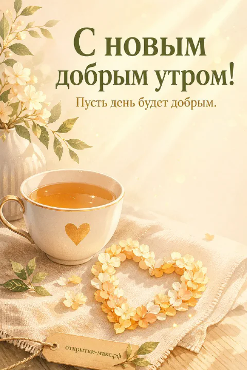 Белая чашка чая с золотым сердечком и сложенный венок из жёлтых цветов на бежевой ткани